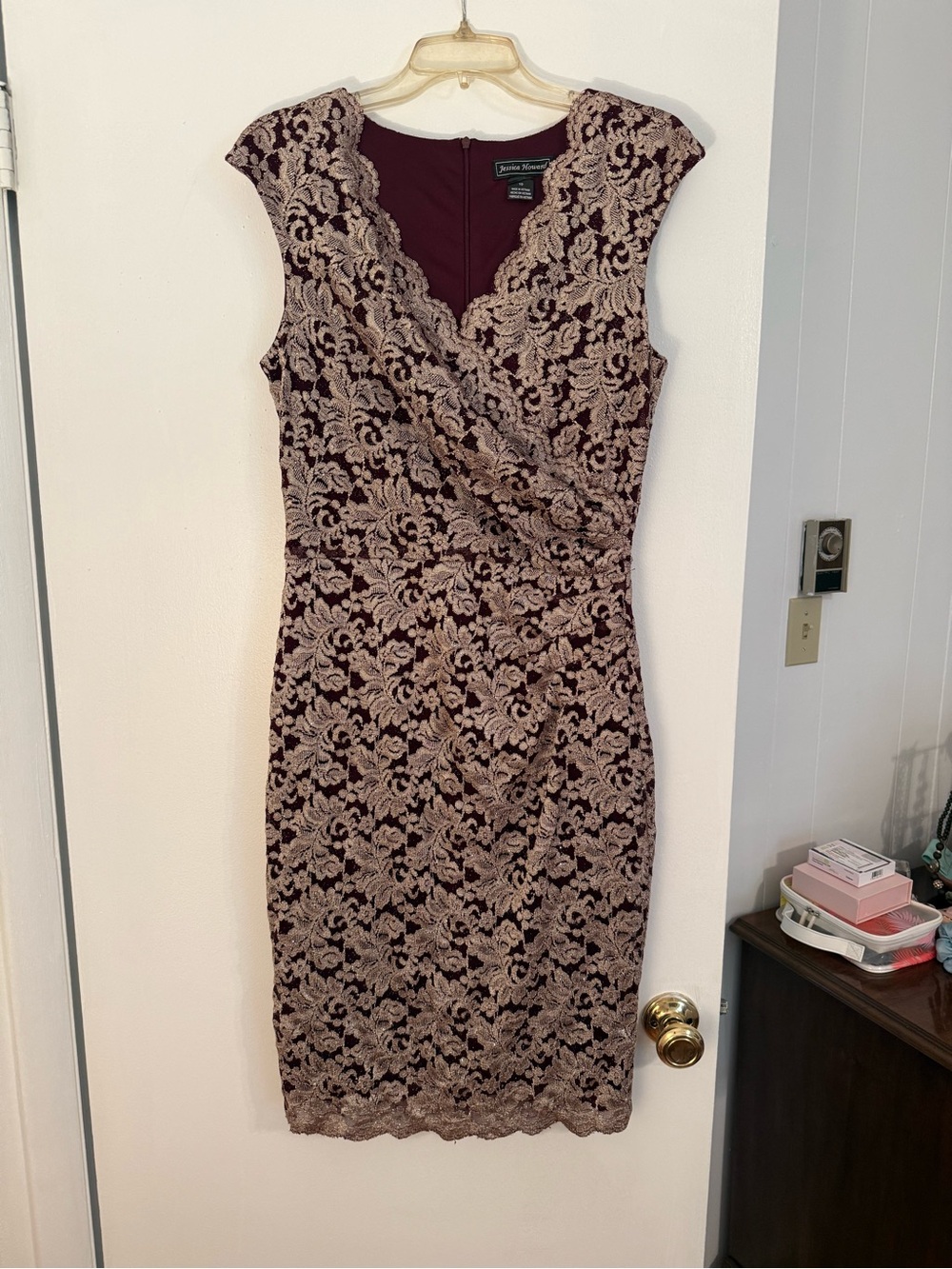 Jessica Howard Burgundy Dress with Gold Lace Overlay